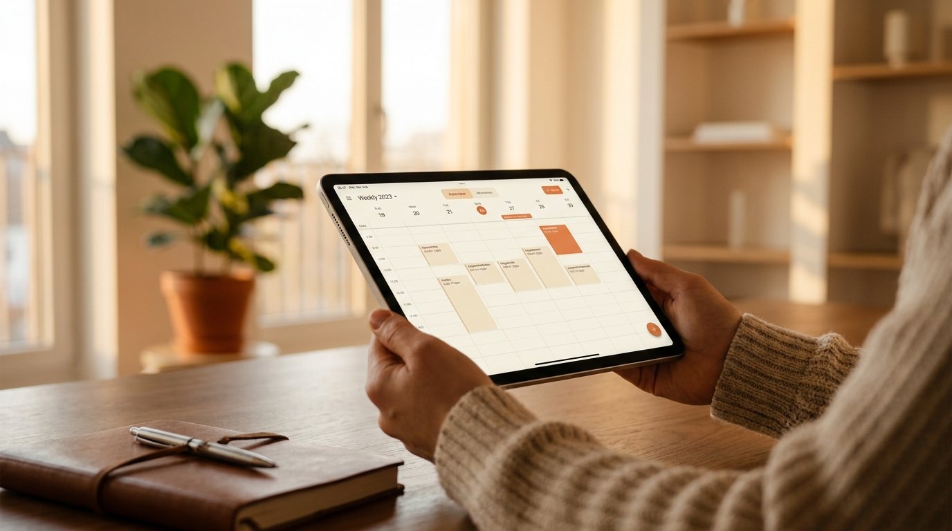 Terminplanung mit digitaler Assistenz: Wochenkalender auf dem Tablet