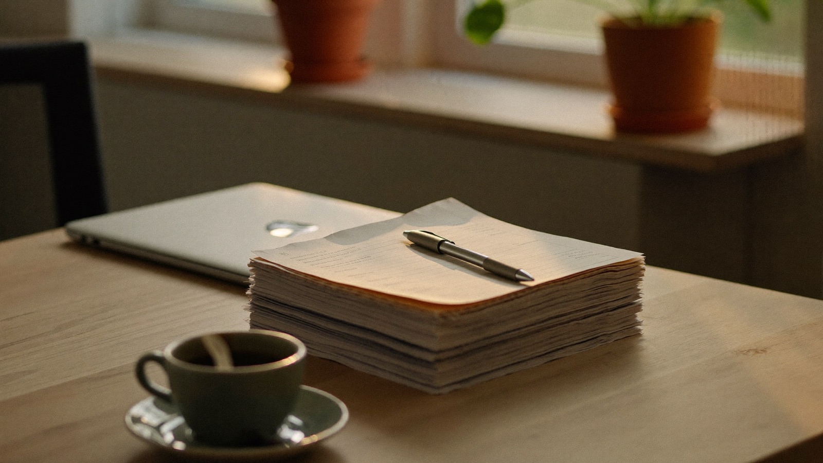Aufgeräumter Schreibtisch mit erledigtem Papierstapel und Kaffee — die Abrechnung ist durch