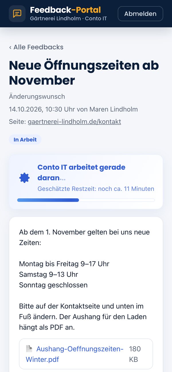 Feedback-Portal am Handy: Anzeige „Conto IT arbeitet gerade daran“ mit geschätzter Restzeit