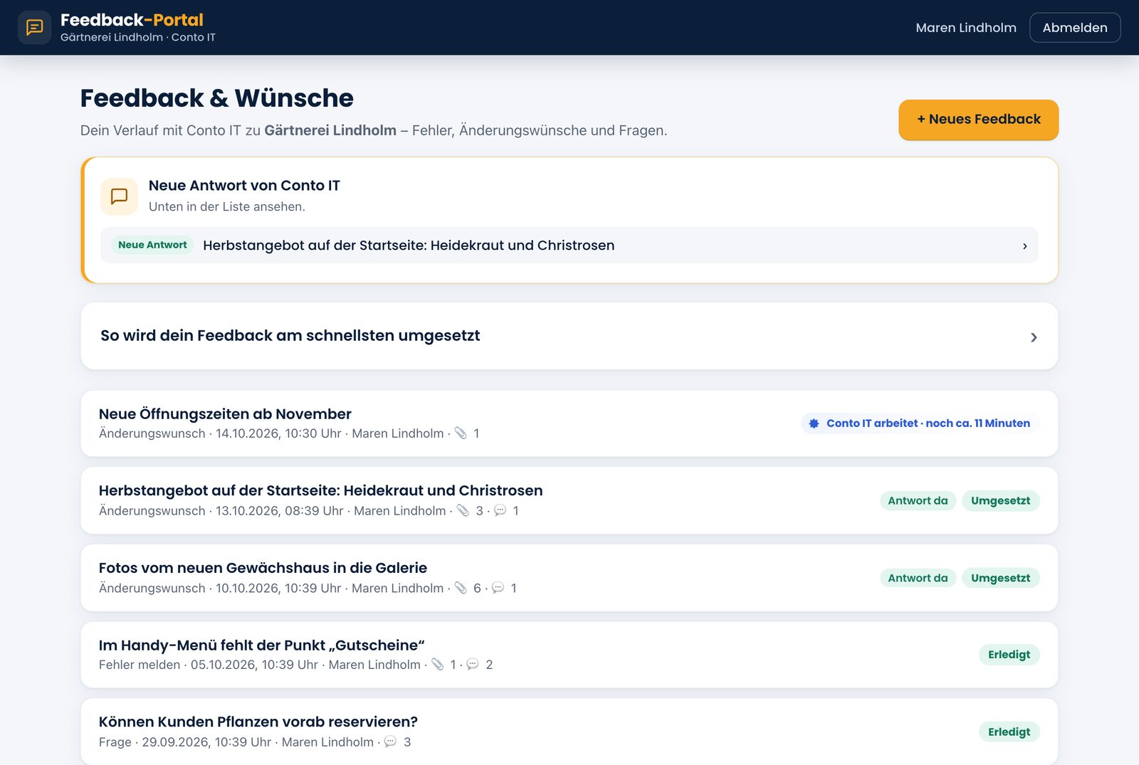 Übersicht im Feedback-Portal: Wünsche einer Gärtnerei mit Status, eine Änderung ist gerade in Arbeit