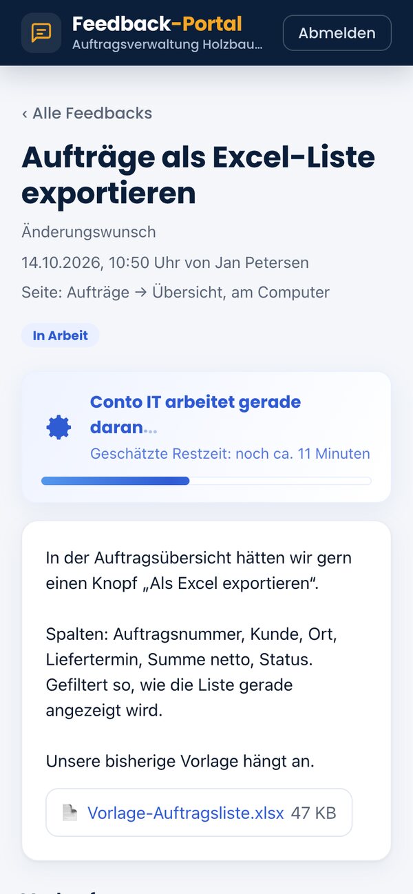 Feedback-Portal am Handy: Wunsch mit Excel-Vorlage im Anhang, Conto IT arbeitet gerade daran