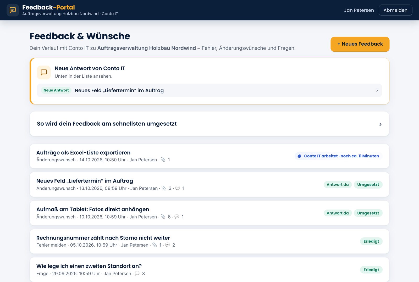 Feedback-Portal zu einer Auftragsverwaltung: Wünsche mit Status, ein Excel-Export ist gerade in Arbeit