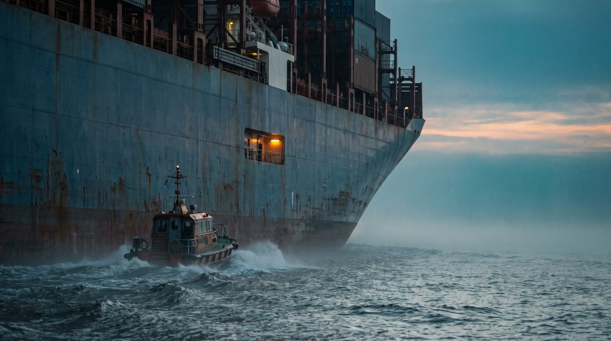 Lotsenboot l&auml;ngsseits eines Frachters &ndash; Bildsprache der Website KI Norddeutschland