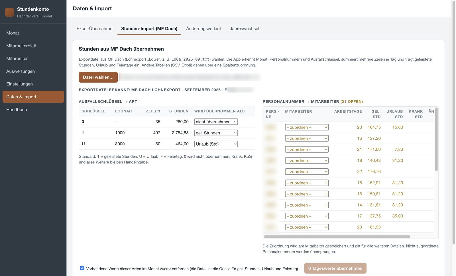 Import der Exportdatei aus MF Dach