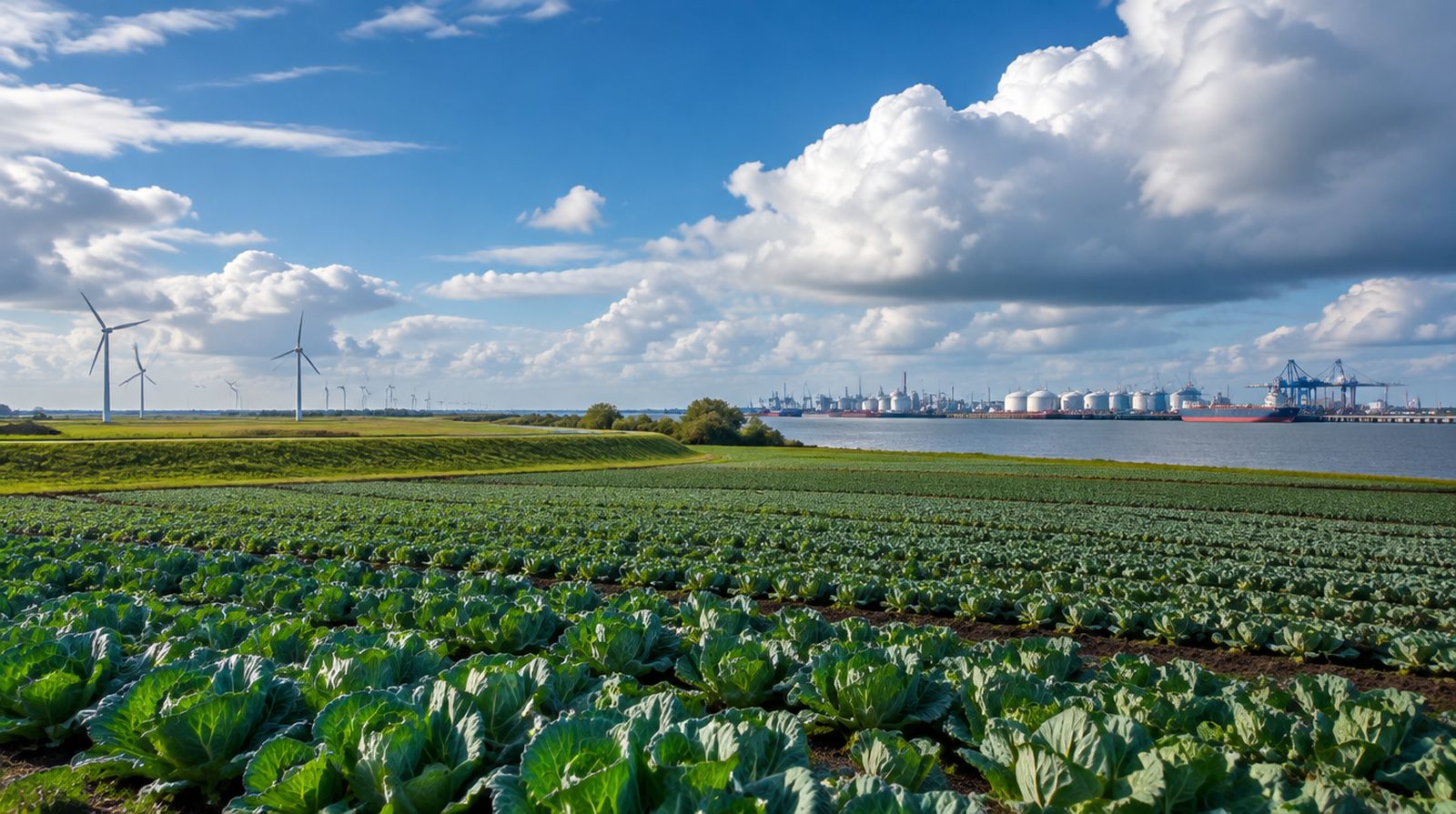 Kohlfelder und Windräder in Dithmarschen, im Hintergrund der Hafen Brunsbüttel