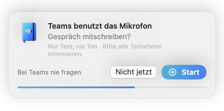 Kleines Fenster von SayLocal: Teams benutzt das Mikrofon – Gespräch mitschreiben? Mit den Knöpfen „Start“ und „Nicht jetzt“
